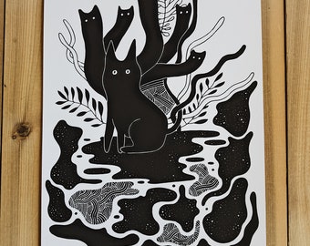 Inky Ghost Cats - 8" x 11" Full Bleed Art Print - Intricate Pen & Ink, Illustration, Surreal, Witchy, Outsider, Minimal, Lowbrow