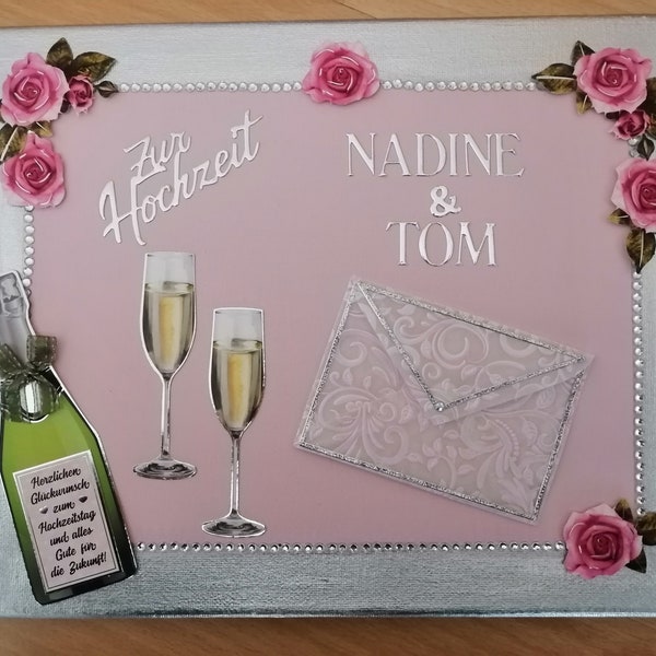 Geldgeschenk-Geld-Geschenk-Gutschein-Hochzeit-Vermählung-Keilrahmen-personalisiert-Namen