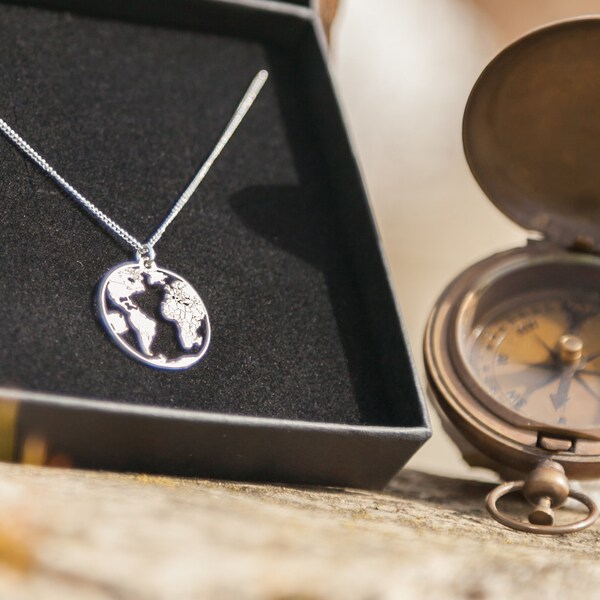 Earth World Map Pendant Sterling Silver Necklace