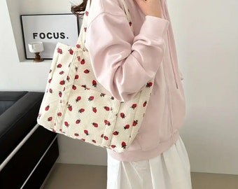 Aesthetic Strawberry Pattern Tote Bag, Women's Casual Handbag for Commute Work, Coquette, Gift for Mum, Gift for Teen Girl