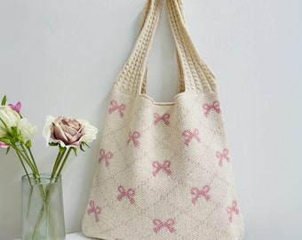 Sweet Bowknot Pattern Tote Bag, Cute Crochet Shoulder Bag, Women's Y2K Knitted Handbag For Commute Work, Coquette, Gift for Mum