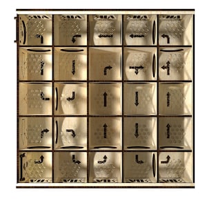 May include: A wooden box with 25 compartments, each containing a different arrow direction. The box is made of light brown wood with dark brown trim. The arrows are black and white.