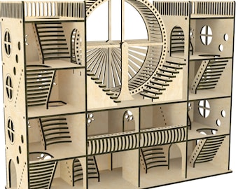 May include: A wooden dollhouse with a unique design featuring a large circular staircase and multiple levels. The dollhouse is made of light wood with dark brown accents.