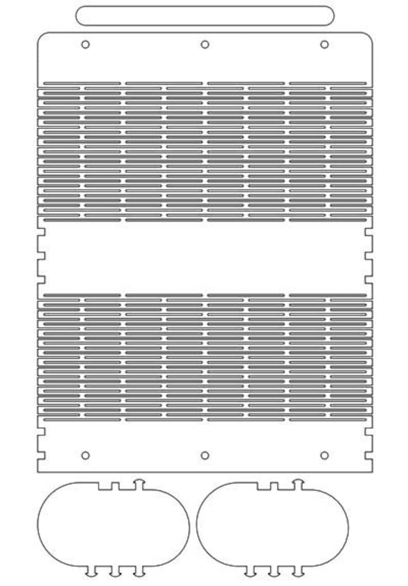 Op de afbeelding: Een zwart-witte lijntekening van een houten plank met twee planken en twee ovale containers. De planken hebben een rasterpatroon.