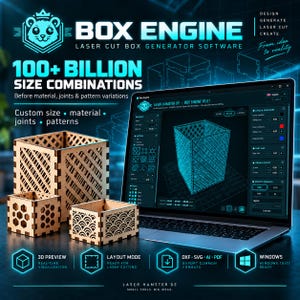 Puede incluir: Un portátil mostrando el software generador de cajas cortadas con láser Box Engine, con una vista previa 3D. Tres cajas de madera con patrones cortados con láser se sitúan frente a la pantalla. El texto incluye 100+ Billion Size Combinations.