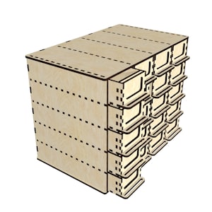 May include: A wooden organizer with 12 drawers. The drawers are made of light wood and have a simple design. The organizer is perfect for storing small items like jewelry, craft supplies, or office supplies.