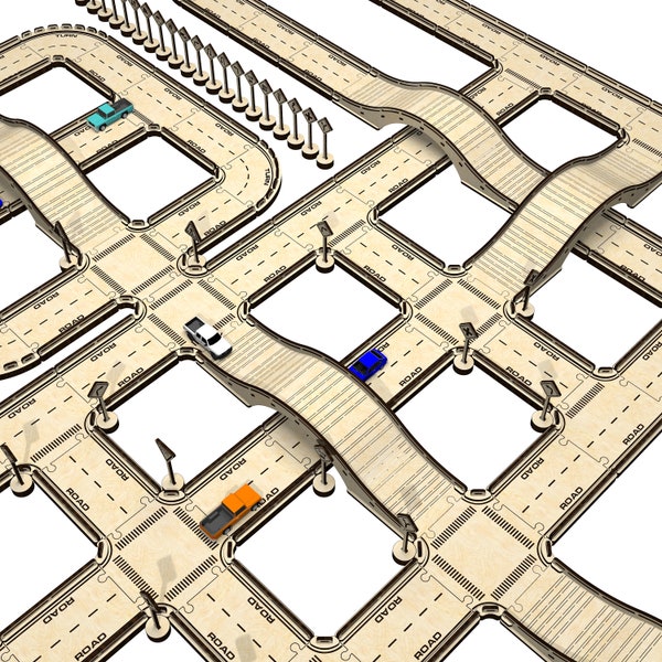 Fichier vectoriel de système de piste automatique en bois pour cnc découpé au laser 3mm, 4 mm 1/8inch matériaux dxf svg cdr dwg pour 1/64 modèles de voitures Hot Wheels