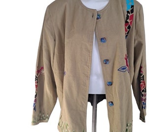 Vintage 90er Jahre Giraffe Jacke Damen 1X Quadratische Knöpfe Bunt Beige Handwerker NEU