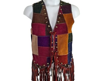 Vintage Patchwork Gilet Taille SM Daim Cuir Franges Clous Multicolore Fait Main