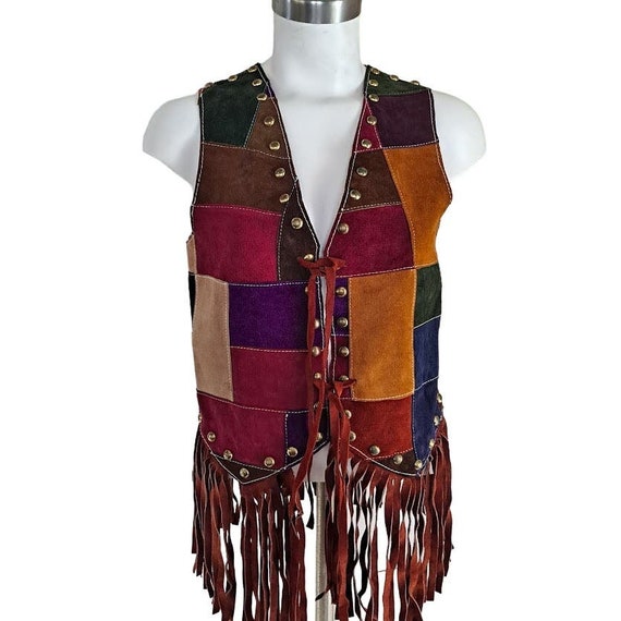 Vintage Patchwork Vest Size SM Suede Leather Frin… - image 1