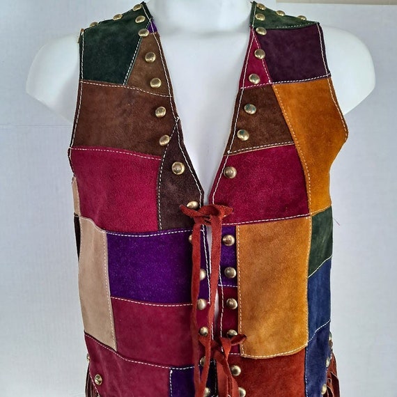 Vintage Patchwork Vest Size SM Suede Leather Frin… - image 8