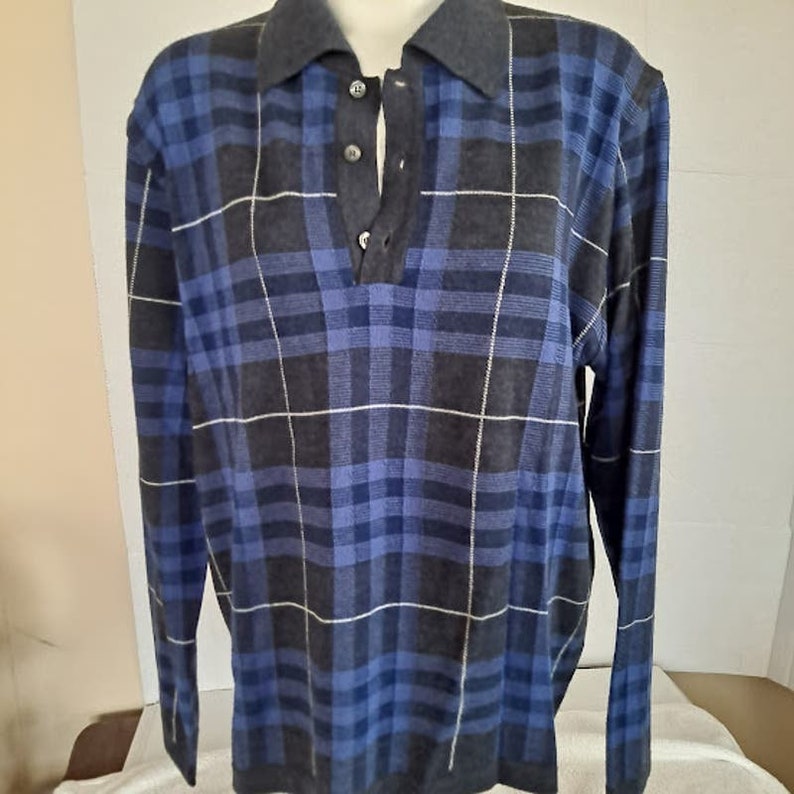 Burberry London Mens L Merino Wool Plaid Print Polo Sweater Blue Gray ...