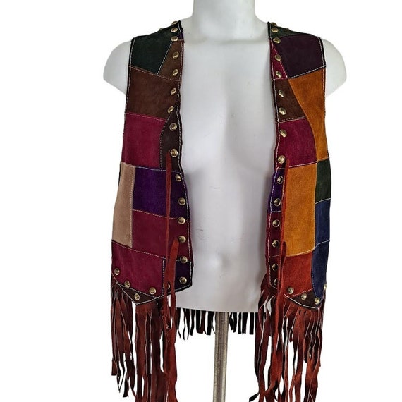 Vintage Patchwork Vest Size SM Suede Leather Frin… - image 3