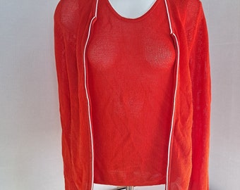 Adrienne Vittadini Pullover-Set Gr. M Strickjacke mit doppeltem Reißverschluss vorne Tank Mesh Orange