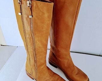 Vintage Tahari Knee Boot 9M Andy Leather Double Zipper  Tall Caramel Brown