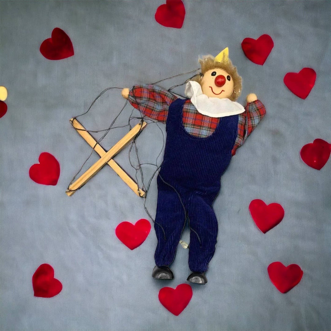 Clown Pull String Puppet Wood Head Soft Body Etsy