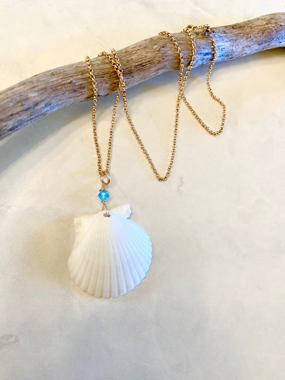 White Seashell Necklace with Swarovski Crystal Goldfilled Etsy