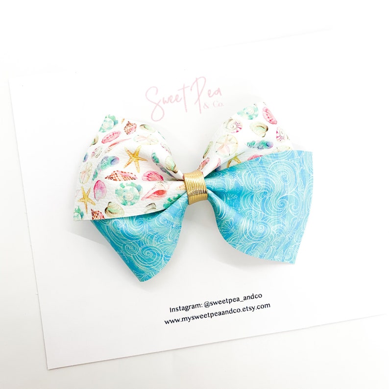 By the Sea Bow Hair Bow with Seashells Little Girl Hair Bows Faux Leather Bow Seashells Hair Bow Pretty Hair Bows
