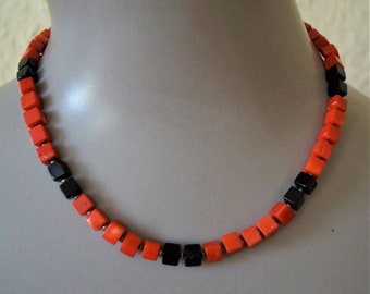 Necklace Coral Onyx Cube 6 mm 925 Silver
