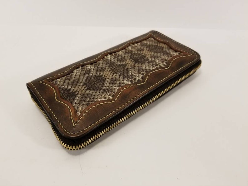 Rattlesnake skin inlay long wallet zipper closure antiqued | Etsy