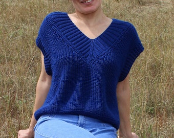 Gilet maglione oversize con scollo a V in blu, Elegante maglione senza maniche da donna, Gilet a costine lavorato a maglia rilassato 100% lana merino italiana