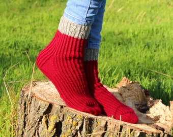 Rich Red Wool Socks - Handmade Ribbed Cuff Cozy Socks - Vibrant Red Knitwear for Outdoors - Unisex Winter Comfort