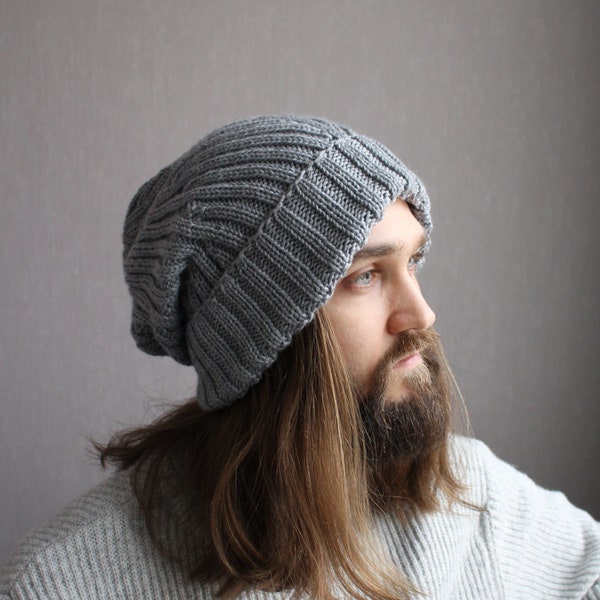 Gray 100% extra-fine merino beanie, Hipster big hair baggy hat, Fisherman trawler cap, Minimal plain ribbed winter hat, Gift for Him & Her