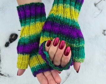 Vegan striped fingerless gloves, Hypoallergenic gloves, Bright arm warmers, handmade soft and warm mittens, spring accessories, gift for her