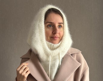 Luxurious Fluffy White Knitted Hood with Attached Cowl Neckwarmer for woman