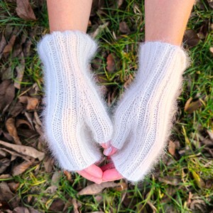 Handmade White Stretchy Fingerless Gloves - Dog walking mittens - Texting Driving gloves