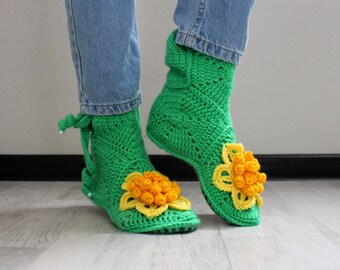 Crochet slipper boots with soles, Mother's day gift, Soft girl aesthetic home shoes