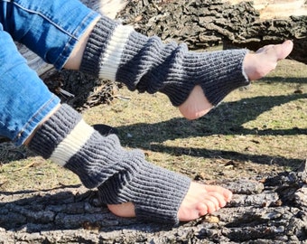 Stirrup leg warmers for Yoga Ballet Dance, Over the calf gray socks, Ribbed long stocking, Broad Stripe socks, Open Toe and Open Heel Socks