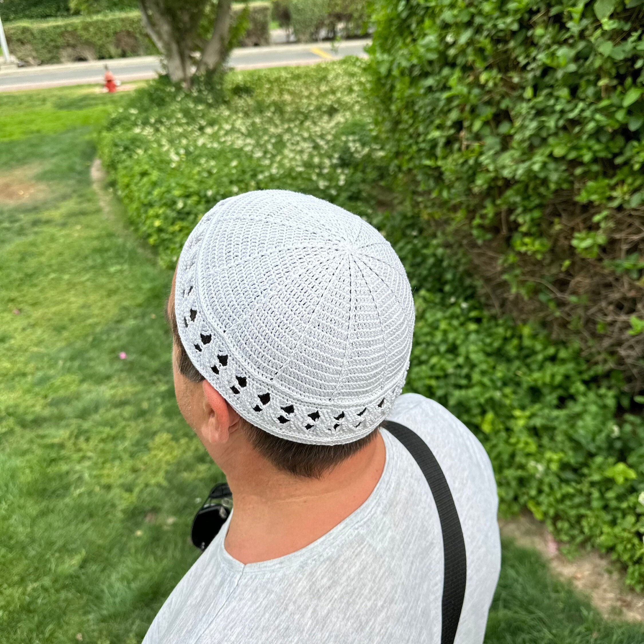 White Crocheted Kufi Hat - 100% Cotton Prayer Cap With Mixed Weave (Tight & Loose)