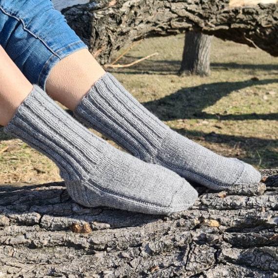Ribbed Gray Wool Socks, Handmade Long Winter Socks, Comfy Crew
