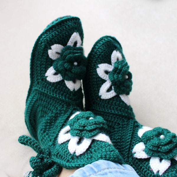 Crochet wool blend slipper booties, Women green slippers, Women's day gift