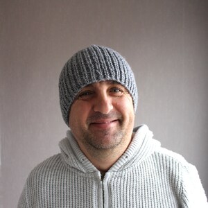 Variegated knit men's winter hat, Gray wool-blend beanie, Handmade thermal cap, Extra thick hat, Christmas gift for him