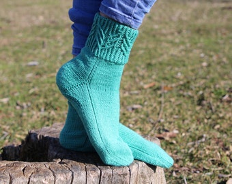 Green Casual Cotton Socks with Wheat Japanese Pattern - Minimalist Knitted Socks - Wool Acrylic Blend