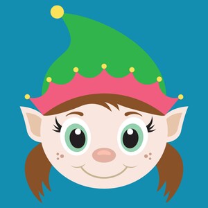 May include: A cartoon elf with brown hair, green hat, and pink trim. The elf has large blue eyes and a smiling face.