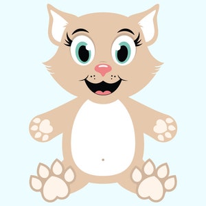 May include: A cartoon illustration of a light brown cat with big blue eyes and a pink nose. The cat is sitting with its paws in front of it and has a white belly.