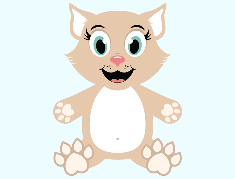 May include: A cartoon illustration of a light brown cat with big blue eyes and a pink nose. The cat is sitting with its paws in front of it and has a white belly.