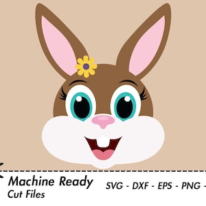 May include: A brown bunny with pink ears and big blue eyes. The bunny has a yellow flower with a purple center on its head. The bunny is smiling with its mouth open and showing its teeth.