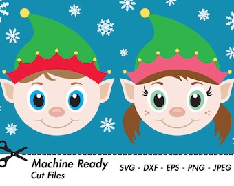 Cute Elfs SVG Cut Files, PNG elf clipart, Christmas clip art, elf face, elf head, north pole character, printable winter vector, girl, boy