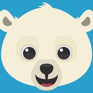 May include: A cartoon illustration of a white polar bear's face with black eyes, a black nose, and a pink open mouth smiling.
