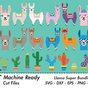 Llama Super Bundle SVG Cut Files, PNG llamas clipart, farmhouse clip art, happy llama face, girl, boy, ranch animal vector, alpaca, cactus