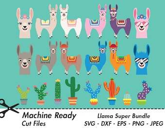 Llama Super Bundle SVG Cut Files, PNG llamas clipart, farmhouse clip art, happy llama face, girl, boy, ranch animal vector, alpaca, cactus