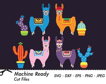 Cute Llama SVG Cut Files, PNG llamas clipart, farmhouse clip art, happy llama face, girl, boy, printable ranch animal vector, alpaca, cactus