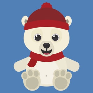 May include: A white polar bear wearing a red knit hat and scarf. The bear is sitting with its paws in front of it and has a happy expression on its face.