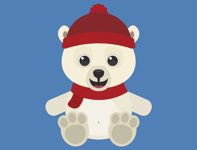May include: A white polar bear wearing a red knit hat and scarf. The bear is sitting with its paws in front of it and has a happy expression on its face.
