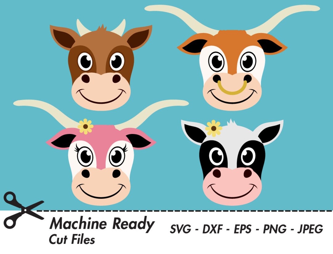 Cute Cow SVG Cut Files, PNG Longhorn Cattle Clip Art, Heifer Face, Bull ...