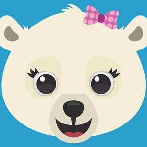 May include: A white polar bear face with a pink polka dot bow on its head. The bear has black eyes, a black nose, and a pink open mouth.